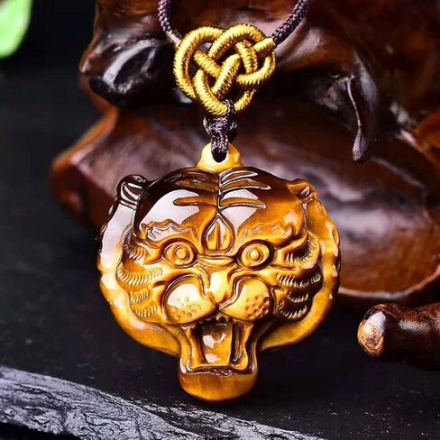Tiger's Eye Pendant Hand Carved Tiger Head Necklace With Chain Lucky Amulet Fine Crystal Jewelry For Men Women Gift in Saudi Arabia