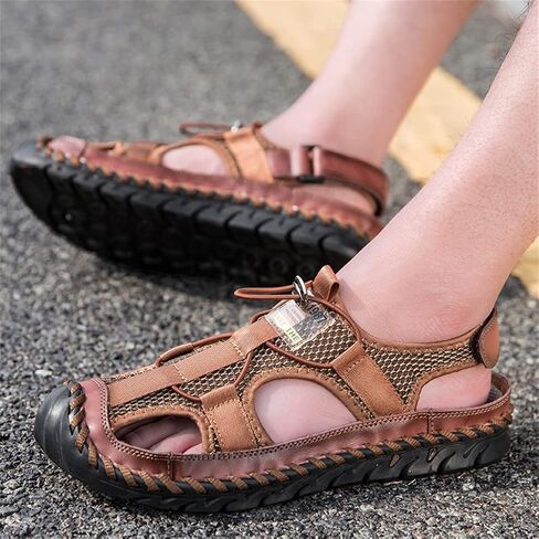 UIKGITP Men's Casual Adjustable Leather Sandals Closed Toe Handmade Waterproof for Men Summer Beach Outdoor Walking Driving Hiking Athletic Strap Breathable Loafers Sports Shoes in Saudi Arabia