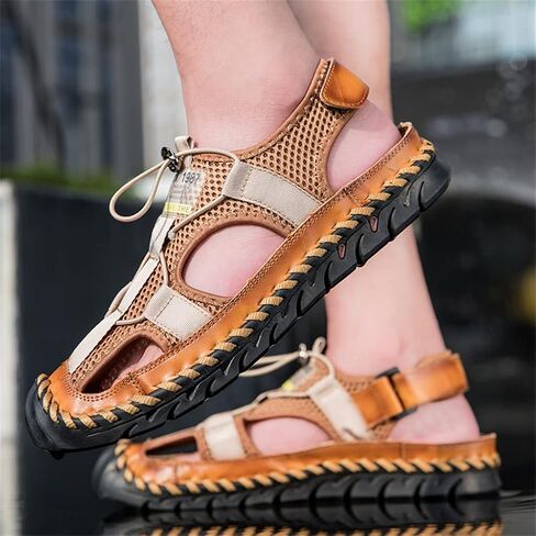 UIKGITP Men's Casual Adjustable Leather Sandals Closed Toe Handmade Waterproof for Men Summer Beach Outdoor Walking Driving Hiking Athletic Strap Breathable Loafers Sports Shoes in Saudi Arabia