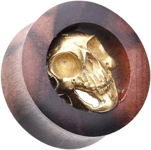 Covet Jewelry Organic Golden Brass Skull Ebony Wood Double Flared Ear Gauge Plug in Saudi Arabia