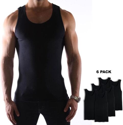 6 Pack Mens A-Shirt 100% Cotton Muscle Tank Top Gym Undershirt Ribbed Black L in Saudi Arabia
