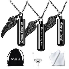 3 Pack Cylinder Urn Necklaces for Ashes Memorial Keepsake Pendant with Angel Wing Charm Necklace Stainless Steel Waterproof Cremation Jewelry for Ashes Locket Pendant-Forever Loved in Kuwait