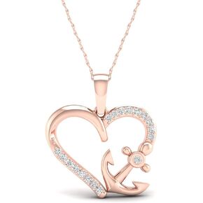Diamond2Deal 10K Gold Diamond Heart Anchor Pendant Necklace (0.11cttw, Clarity-I2, Color-H-I), 18"