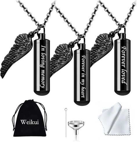 3 Pack Cylinder Urn Necklaces for Ashes Memorial Keepsake Pendant with Angel Wing Charm Necklace Stainless Steel Waterproof Cremation Jewelry for Ashes Locket Pendant-Forever Loved in Kuwait