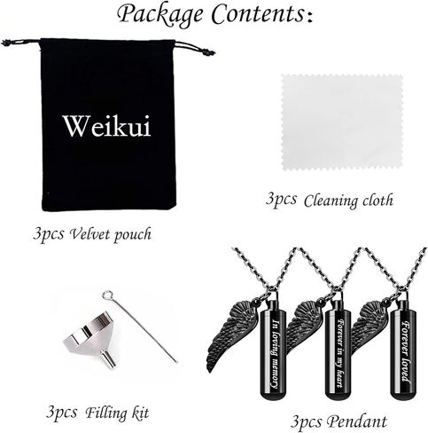 3 Pack Cylinder Urn Necklaces for Ashes Memorial Keepsake Pendant with Angel Wing Charm Necklace Stainless Steel Waterproof Cremation Jewelry for Ashes Locket Pendant-Forever Loved in Kuwait