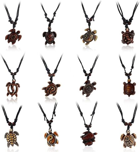 COLORFUL BLING 12pcs Artificial Bone Carving Sea Turtles Pendant Necklaces Set Medallion Symbol Adjustable Cotton Cord Yin Yang Hawaiian Surfer Lucky Amulet Jewelry for Women Men Unix in Saudi Arabia