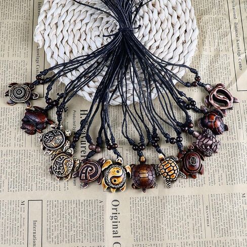 COLORFUL BLING 12pcs Artificial Bone Carving Sea Turtles Pendant Necklaces Set Medallion Symbol Adjustable Cotton Cord Yin Yang Hawaiian Surfer Lucky Amulet Jewelry for Women Men Unix in Saudi Arabia