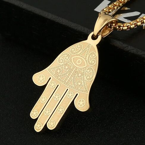 HZMAN Khamsah Stainless Steel Egyptian Eye Fatima Hamsa Hand Pendant Necklace Success and Protection Lucky in Saudi Arabia