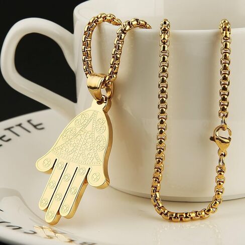 HZMAN Khamsah Stainless Steel Egyptian Eye Fatima Hamsa Hand Pendant Necklace Success and Protection Lucky in Saudi Arabia
