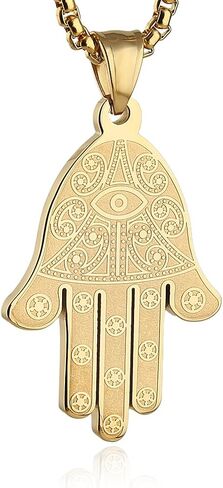 HZMAN Khamsah Stainless Steel Egyptian Eye Fatima Hamsa Hand Pendant Necklace Success and Protection Lucky in Saudi Arabia