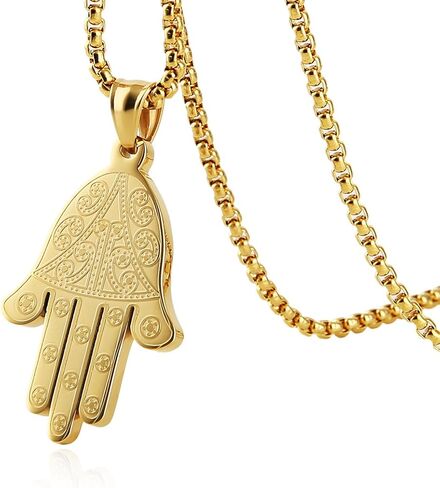 HZMAN Khamsah Stainless Steel Egyptian Eye Fatima Hamsa Hand Pendant Necklace Success and Protection Lucky in Saudi Arabia