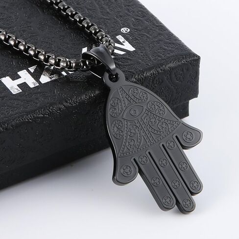 HZMAN Khamsah Stainless Steel Egyptian Eye Fatima Hamsa Hand Pendant Necklace Success and Protection Lucky in Saudi Arabia