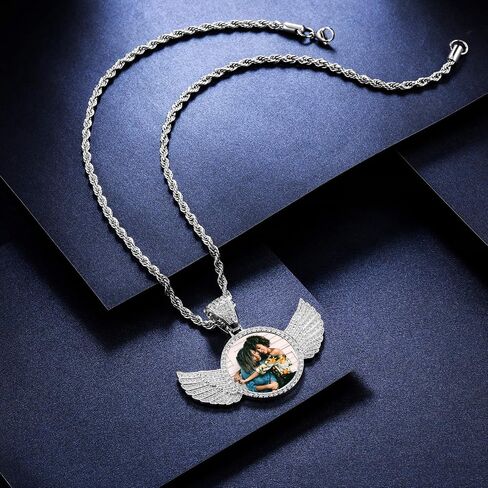 VIBOOS Personalized Hip Hop Memory Pendant Necklace Engraving Picture Text for Men Women Custom Photo Copper Angel Wing Round Medal Rope Chain Jewelry Souvenir Gift(SILVER 22) in Saudi Arabia