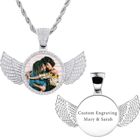VIBOOS Personalized Hip Hop Memory Pendant Necklace Engraving Picture Text for Men Women Custom Photo Copper Angel Wing Round Medal Rope Chain Jewelry Souvenir Gift(SILVER 22) in Saudi Arabia