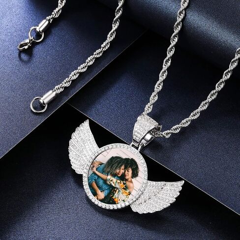 VIBOOS Personalized Hip Hop Memory Pendant Necklace Engraving Picture Text for Men Women Custom Photo Copper Angel Wing Round Medal Rope Chain Jewelry Souvenir Gift(SILVER 22) in Saudi Arabia