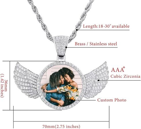 VIBOOS Personalized Hip Hop Memory Pendant Necklace Engraving Picture Text for Men Women Custom Photo Copper Angel Wing Round Medal Rope Chain Jewelry Souvenir Gift(SILVER 22) in Saudi Arabia