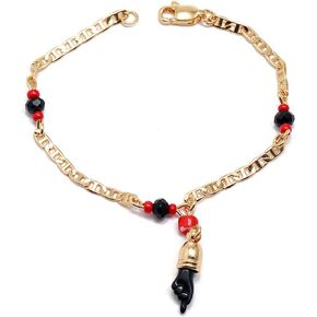Black Azabache Hand Figa Charm Stainless Steel Link Chain Necklace Bracelet for Women Men 18K Gold Plated Good Luck Kabbalah Evil Eye Amulet Bracelet Protection Jewelry