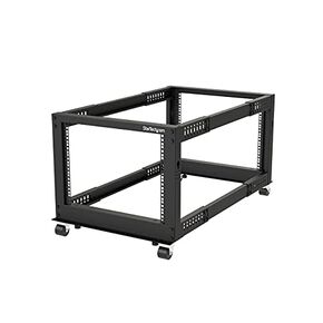 StarTech.com 4-Post 8U Mobile Open Frame Server Rack, 19in Network Rack with Wheels, Small Rolling Rack for Computer/AV/Data/IT Equipment, Casters, Leveling Feet or Floor Mounting (4POSTRACK8U)