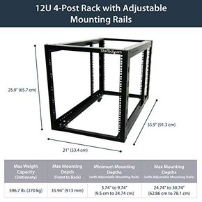StarTech.com رف خادم الإطار المفتوح 12U - 4 أعمدة عمق قابل للتعديل (3.8 بوصة إلى 36 بوصة) IT شبكة الأجهزة مع عجلات - 60 رطل سعة (4POSTRACK12A)، أسود in Kuwait