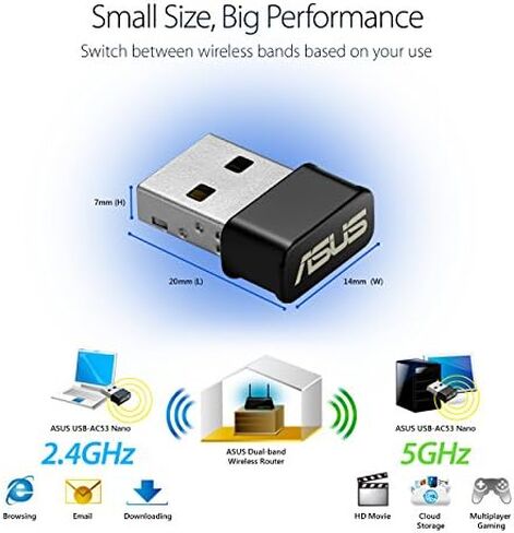 محول لاسلكي مزدوج النطاق من ASUS USB-AC53 AC1200 Nano USB ، MU-Mimo، متوافق مع Windows XP/Vista/7/8/1/10 in Kuwait