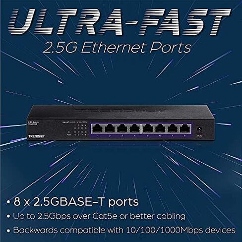 TRENDnet 8-Port Unmanaged 2.5G Switch, 8 x 2.5GBASE-T Ports, 40Gbps Switching Capacity, Backwards Compatible with 10-100-1000Mbps Devices, Fanless, Wall Mountable, Black, TEG-S380 in Saudi Arabia