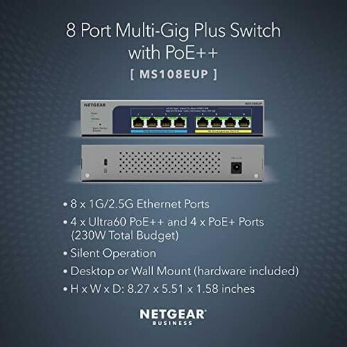 NETGEAR 8-Port Ultra60 PoE Multi-Gigabit Ethernet Plus Switch (MS108EUP) - Managed, with 4 x PoE++ and 4 x PoE+ @ 230W, Desktop or Wall Mount, and Limited Lifetime Protection in Saudi Arabia