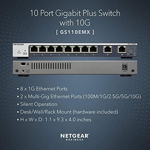 NETGEAR 10-Port Gigabit/10G Ethernet Plus Switch (GS110EMX) - Managed, with 8 x 1G, 2 x 10G/Multi-gig, Desktop, Wall or Rackmount, and Limited Lifetime Protection in Saudi Arabia