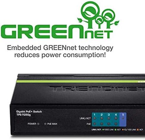 TRENDnet 5-Port Gigabit PoE+ Switch, 32W PoE Power Budget, 10Gbps Switching Capacity, IEEE 802.1p QoS, DSCP Pass-Through Support, Fanless, Wall Mountable, Lifetime Protection, Black, TPE-TG52 in Saudi Arabia
