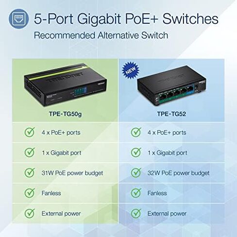 TRENDnet 5-Port Gigabit PoE+ Switch, 32W PoE Power Budget, 10Gbps Switching Capacity, IEEE 802.1p QoS, DSCP Pass-Through Support, Fanless, Wall Mountable, Lifetime Protection, Black, TPE-TG52 in Saudi Arabia