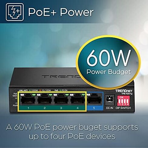 TRENDnet 5-Port Gigabit PoE+ Switch, 32W PoE Power Budget, 10Gbps Switching Capacity, IEEE 802.1p QoS, DSCP Pass-Through Support, Fanless, Wall Mountable, Lifetime Protection, Black, TPE-TG52 in Saudi Arabia