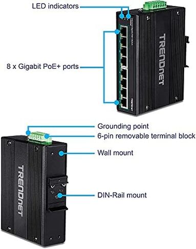 TRENDnet 8-Port Industrial Gigabit PoE+ DIN-Rail Switch, TI-PG80 | 200W PoE Power Budget, 16Gbps Switching Capacity, NDAA & TAA Compliant, Ethernet Splitter, Lifetime Protection in Kuwait
