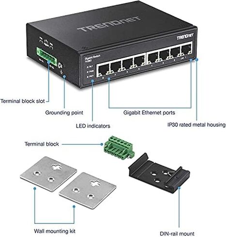 TRENDnet 5-Port Gigabit Industrial DIN-Rail Switch, 5-Port Fast Ethernet Industrial DIN-Rail Switch, 10 Gbps & 1 Gbps Switching Capacity, IP30 Rated, -40 to 75°C Operating Temperature in Saudi Arabia