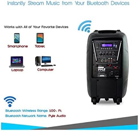 نظام مكبر صوت PA محمول لاسلكي - بطارية قابلة لإعادة الشحن تعمل بتقنية البلوتوث متوافقة مع مكبر الصوت النشط في الهواء الطلق - USB SD MP3 AUX RCA FM راديو - 35 مم حامل الميكروفون - Pyle PPHP109WMU in Kuwait