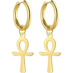 Ankh Cross Earrings For Women Men Stainless Steel Ancient Egyptian Symbol Gods Of Ankh Cross Dangle Hoop Earrings Charm Amulet Jewelry