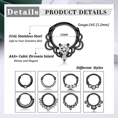 Magitaco 9Pcs 16G Septum Rings Stainless Steel Nose Rings Hoop CZ Tragus Daith Helix Cartilage Earrings Septum Clicker Piercing Jewelry for Women Men 8MM 10MM in Saudi Arabia
