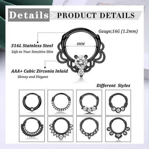 Magitaco 9 قطع 16 جرام حلقات الحاجز الفولاذ المقاوم للصدأ حلقات الأنف هوب تشيكوسلوفاكيا الزنمة Daith الحلزون الغضروف أقراط الحاجز الفرس ثقب المجوهرات للنساء الرجال 8 مم 10 مم in Kuwait