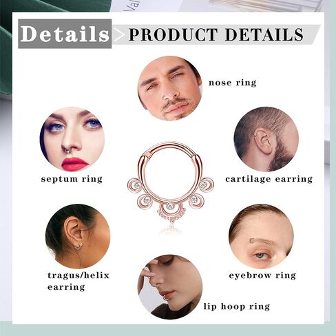Magitaco 9Pcs 16G Septum Rings Stainless Steel Nose Rings Hoop CZ Tragus Daith Helix Cartilage Earrings Septum Clicker Piercing Jewelry for Women Men 8MM 10MM in Saudi Arabia