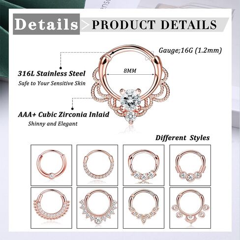 Magitaco 9Pcs 16G Septum Rings Stainless Steel Nose Rings Hoop CZ Tragus Daith Helix Cartilage Earrings Septum Clicker Piercing Jewelry for Women Men 8MM 10MM in Saudi Arabia