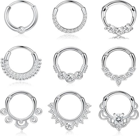 Magitaco 9Pcs 16G Septum Rings Stainless Steel Nose Rings Hoop CZ Tragus Daith Helix Cartilage Earrings Septum Clicker Piercing Jewelry for Women Men 8MM 10MM in Saudi Arabia