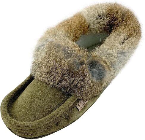 Laurentian Chief Men's Army Suede Slippers Rabbit Fur Collar Soft Sole Moccasins… in Saudi Arabia