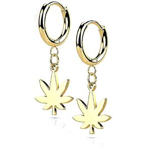 Covet Jewelry Stainless Steel Hinged Hoop Earrings with Pot Leaf Dangle in Kuwait