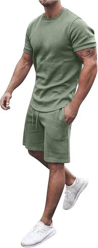 2022 Casual Sport Set for Mens Two Piece Suit Solid O-Neck Short Sleeve Fit Tee Shirts Short Sweatpants Set in Saudi Arabia