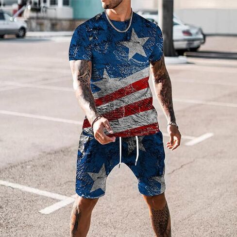 2022 Casual Sport Set for Mens Two Piece Suit Solid O-Neck Short Sleeve Fit Tee Shirts Short Sweatpants Set in Saudi Arabia