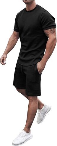 2022 Casual Sport Set for Mens Two Piece Suit Solid O-Neck Short Sleeve Fit Tee Shirts Short Sweatpants Set in Kuwait