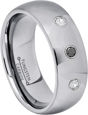 Polished Dome Tungsten Carbide Wedding Band with 0.07ct Round Black Diamond - Comfort Fit Tungsten Ring Anniversary Band in Saudi Arabia