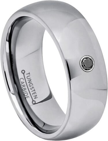 Polished Dome Tungsten Carbide Wedding Band with 0.07ct Round Black Diamond - Comfort Fit Tungsten Ring Anniversary Band in Saudi Arabia