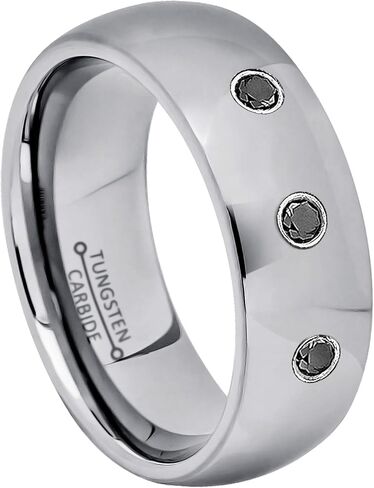 Polished Dome Tungsten Carbide Wedding Band with 0.07ct Round Black Diamond - Comfort Fit Tungsten Ring Anniversary Band in Saudi Arabia
