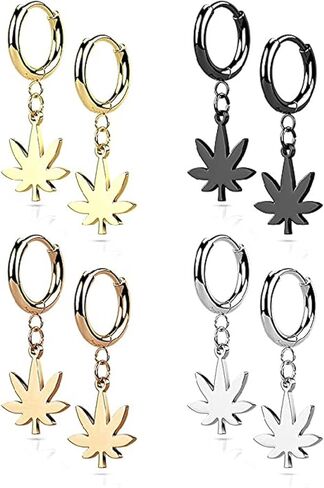 Covet Jewelry Stainless Steel Hinged Hoop Earrings with Pot Leaf Dangle in Kuwait