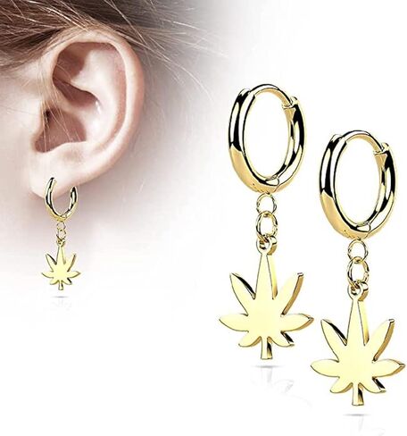 Covet Jewelry Stainless Steel Hinged Hoop Earrings with Pot Leaf Dangle in Kuwait