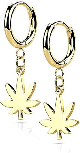 Covet Jewelry Stainless Steel Hinged Hoop Earrings with Pot Leaf Dangle in Kuwait